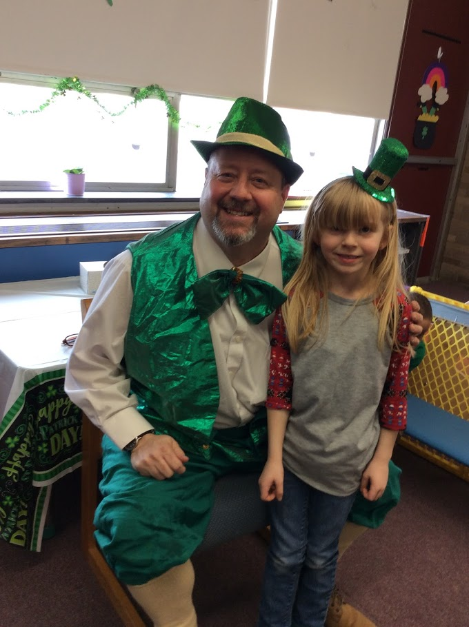 Leprechaun visit with students.